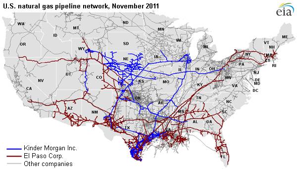map of U.S. natural gas pipeline network, November 2011, as described in the article text