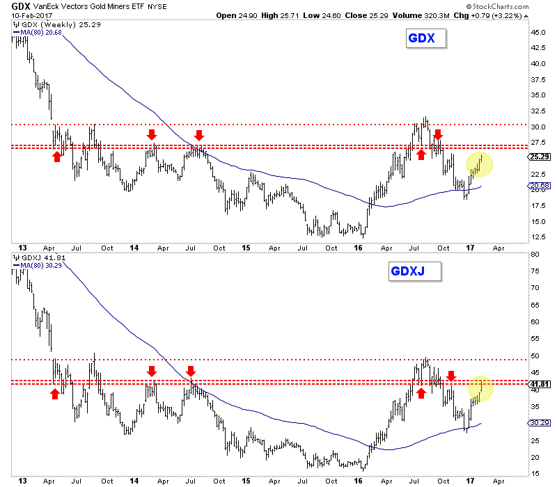 VanEck Vectors Gold Miners ETF and Junior Gold Miners ETF Weekly Chart